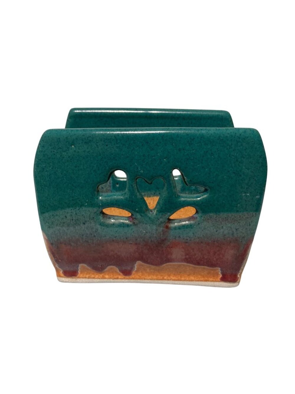 Vintage Signed Walt Glass Handmade Pottery Napkin Holder With Heart Cut Outs